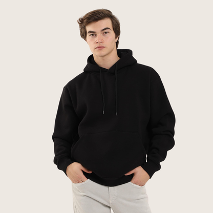 Siyah Düz Basic Kapüşonlu Oversize Sweatshirt