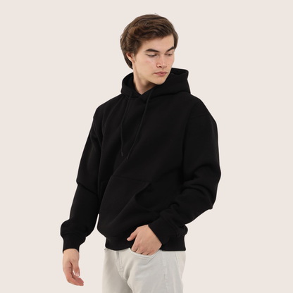 Siyah Düz Basic Kapüşonlu Oversize Sweatshirt